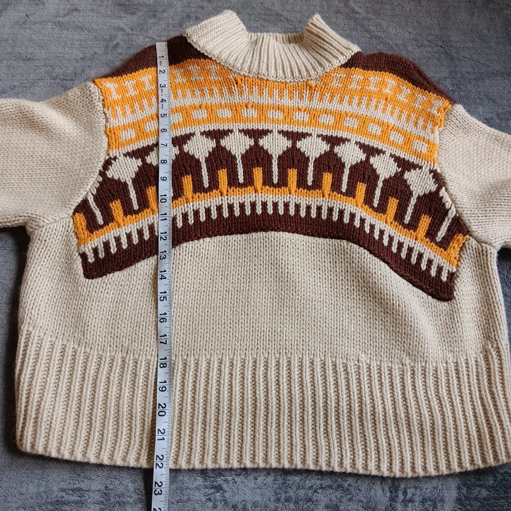 Moodie Medium Boho Western Thick Knit Sweater, Geometric Tan Brown Orange - Picture 5 of 9